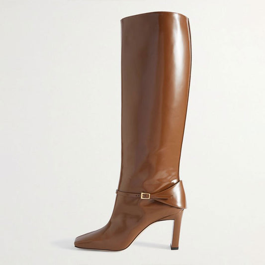 Brown Vegan Leather Square Toe Chunky Heel Wide Calf Knee High Boots
