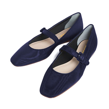 Navy Blue Fabric Square Toe Mary Jane Flats with Buckle Strap