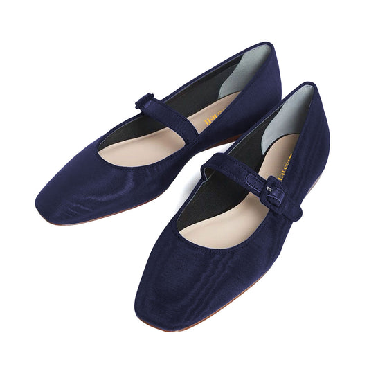 Navy Blue Fabric Square Toe Mary Jane Flats with Buckle Strap