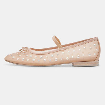 Nude Round Toe Bow Decor Mesh Flats with Pearl Embellished