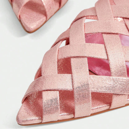 FSJ Chic Pink Woven Pointed Toe Flat Mule Shoes for Women