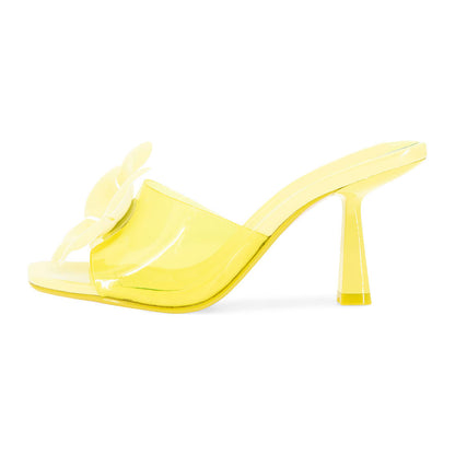 Yellow Floral Embellished Mule Open Toe Clear High Heels Sandals