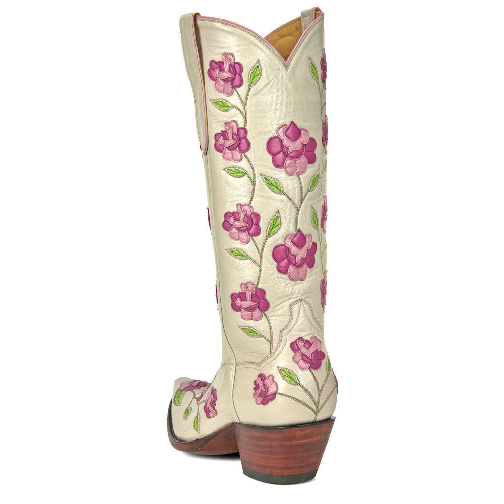 Beige & Pink Snip Toe Floral Knee High Western Boots for Women