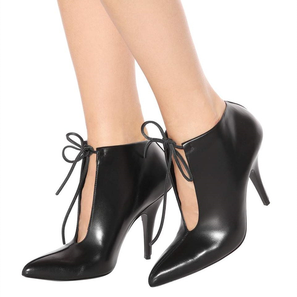 Black Pointed Toe Cut Out Lace Up Ankle Boots with Stiletto Heels