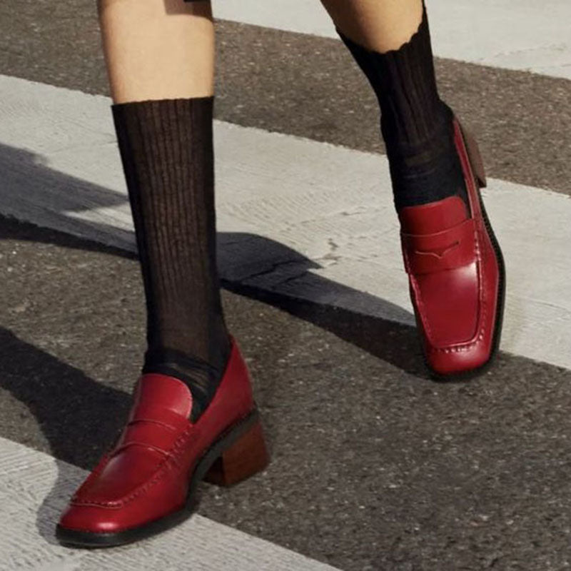 Dark Red Vintage Shoes Square Toe Block Heel Penny Loafers for Women