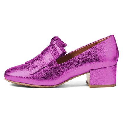 Fuchsia Square Toe Chunky Heels Fringe Women's Loafers