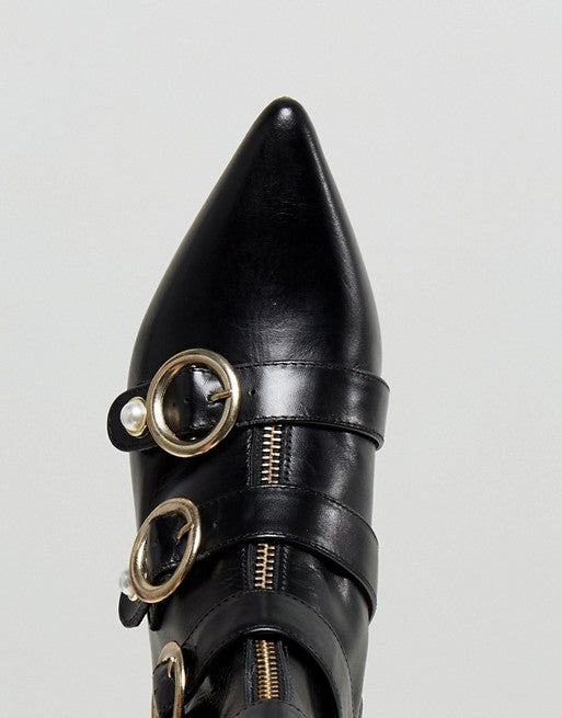 Black Pearl Buckles Kitten Heel Fashion Ankle Boots with Zip