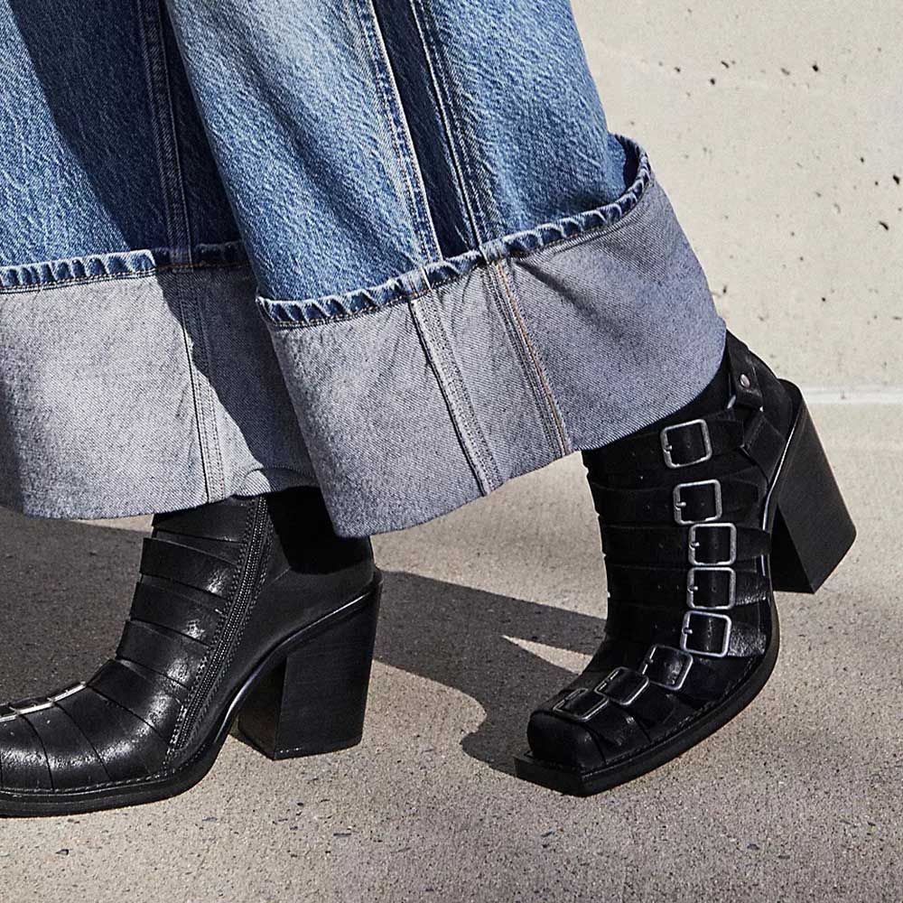 Black Square Toe Block Heel Ankle Boots with Multi-strap