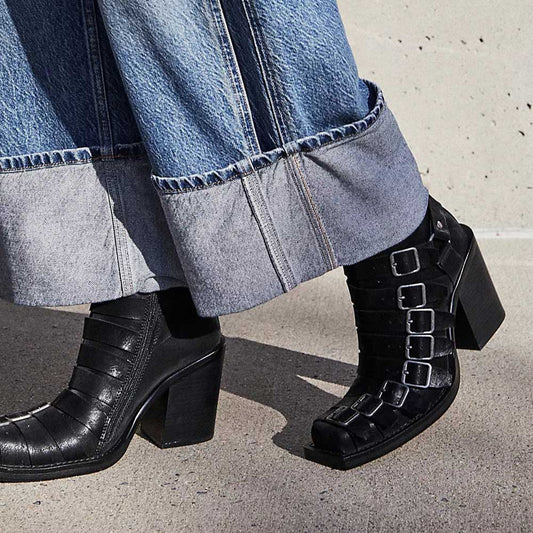 Black Square Toe Block Heel Ankle Boots with Multi-strap