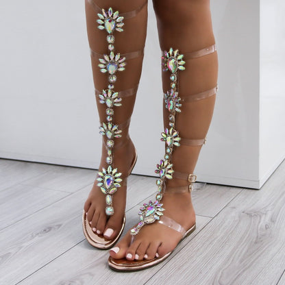 Multicolor Rhinestone Transparent Strappy Flats Gladiator Sandals