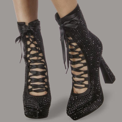 Black Rhinestone Platform Ankle Boots Cutout Lace-Up Heeled Booties