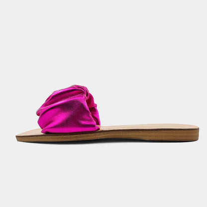 Fuchsia Metallic Ruched Strap Design Square Toe Slip-On Sandals