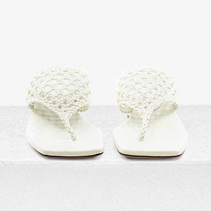 White Woven Open Square Toe Block Heel Flip Flops for Women