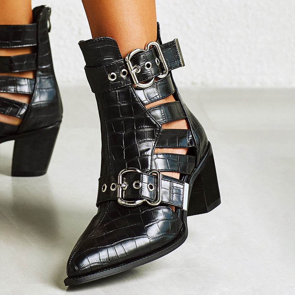 Black Croco Embossed Grommet Strap Chunky Heel Ankle Boots with Zip