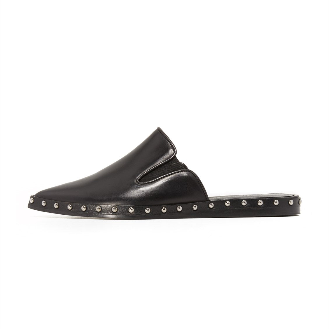 Stylish Black Pointed-Toe Studded Trim Flat Mule Loafers