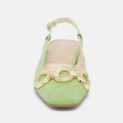 Green Vegan Suede Square Toe Gold Chain Slingback Casual Flats
