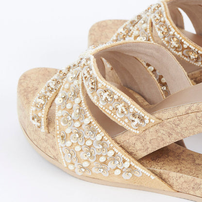 Beige Velvet Pearl Embroidered Platform Wedge Heel Mules Sandals