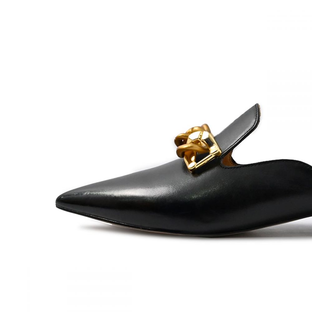 Black Pointed Toe Low Chunky Heel Mule Loafers with Chain Accent