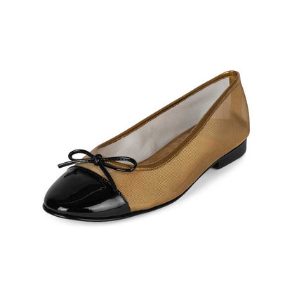 Black & Gold Mesh Round Toe Ballet Flats with Bow