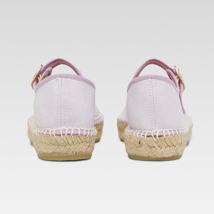 Lavender & White Round Toe Buckled Strap Espadrille Mary Jane Flats