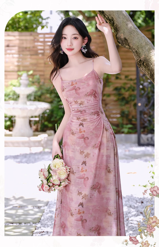 Retro Fashion Pink Flora Design Beach Holiday A-line Spaghetti Strap Dress TP3367