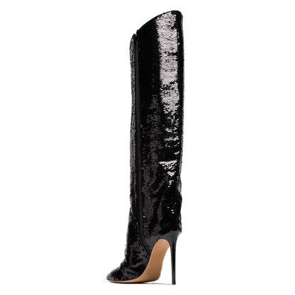 Black Sequined Stiletto Heel Zip Closure Pointed Toe Knee High Boots