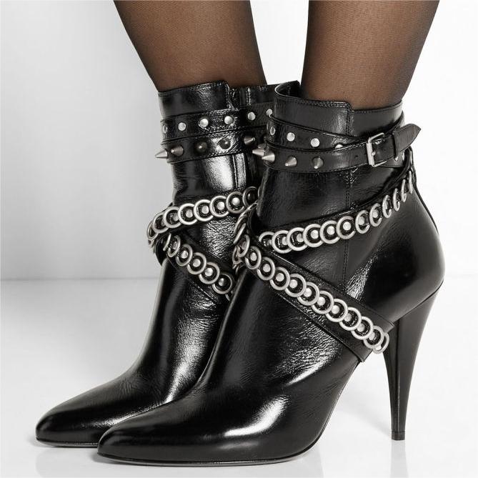 Black Studded Crisscross Strap Pointy Toe Cone Heel Ankle Boots