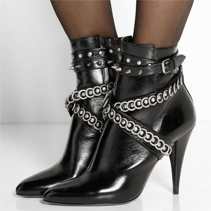 Black Studded Crisscross Strap Pointy Toe Cone Heel Ankle Boots