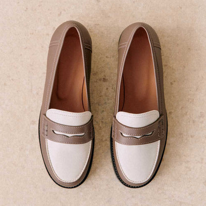 Brown and White Round Toe Loafers Office Casual Shoes for Women