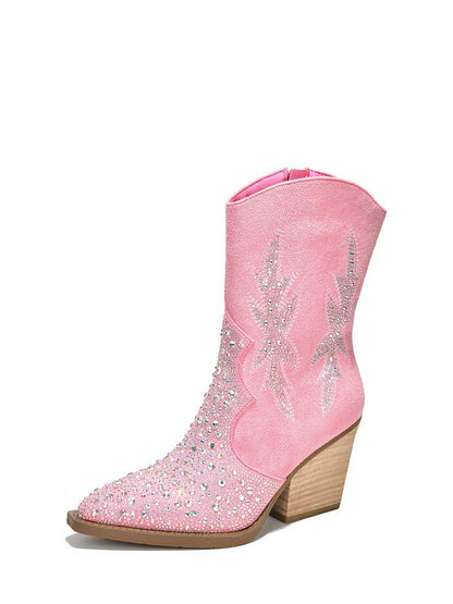 Pink Faux Suede Pointed Toe Rhinestone Embellished Heeled Cowgirl Ankle Boots
