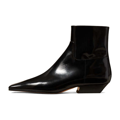 Black Patent Leather Square Toe Zipper Ankle Boots with Chunky Heel