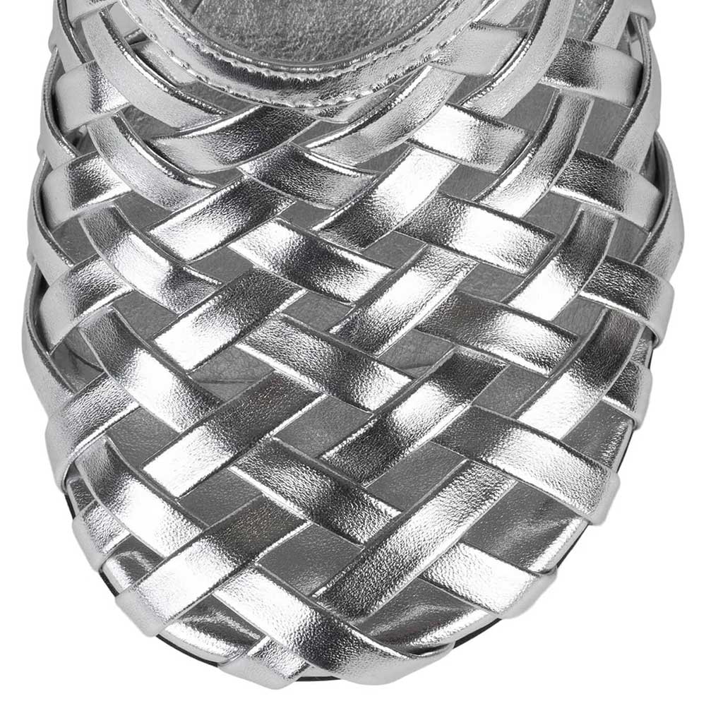 Silver Metallic Woven Round Toe Spool Heel Pumps for Women