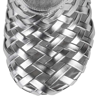 Silver Metallic Woven Round Toe Spool Heel Pumps for Women