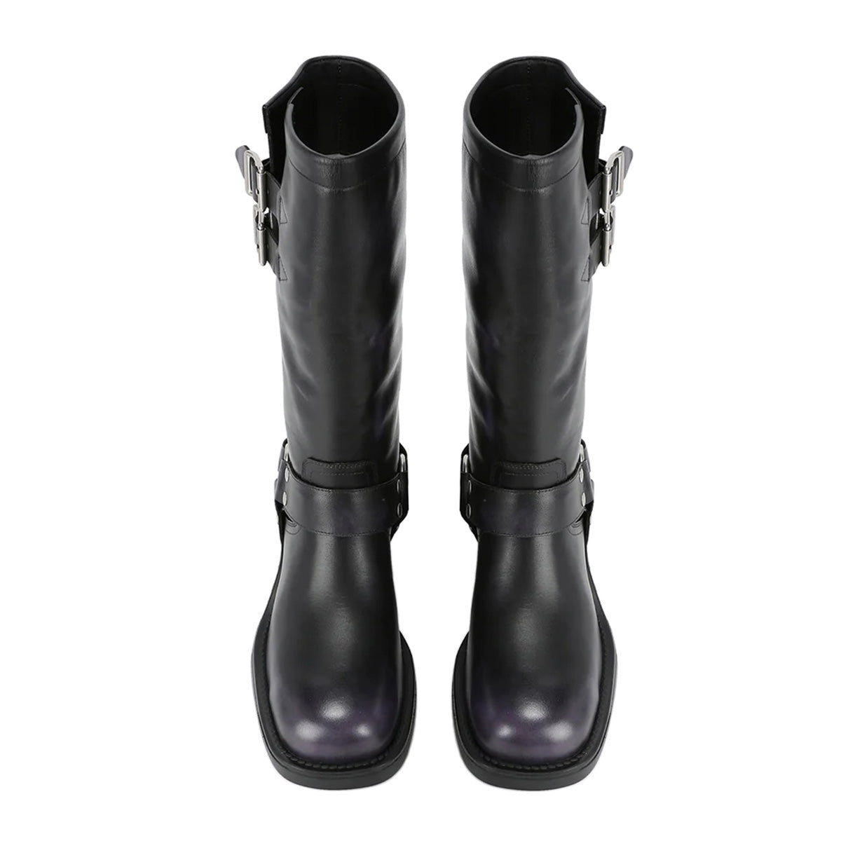 Black Buckle Strappy Square Toe Block Heel Mid Calf Boots for Women