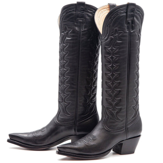 Black Pointy Toe Block Heel Vintage Stitching Western Knee High Boots