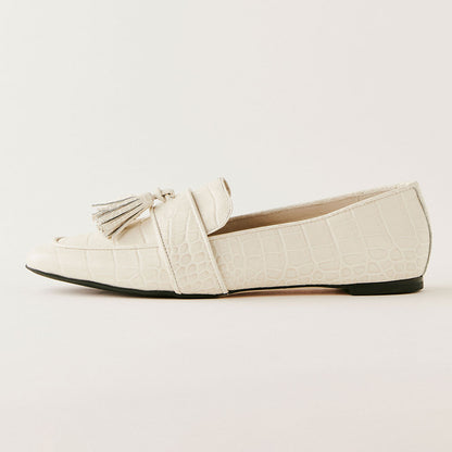 Beige Croco Embossed Round Toe Flat Women's Loafers with Tassel