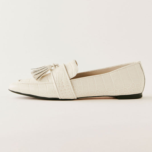 Beige Croco Embossed Round Toe Flat Women's Loafers with Tassel