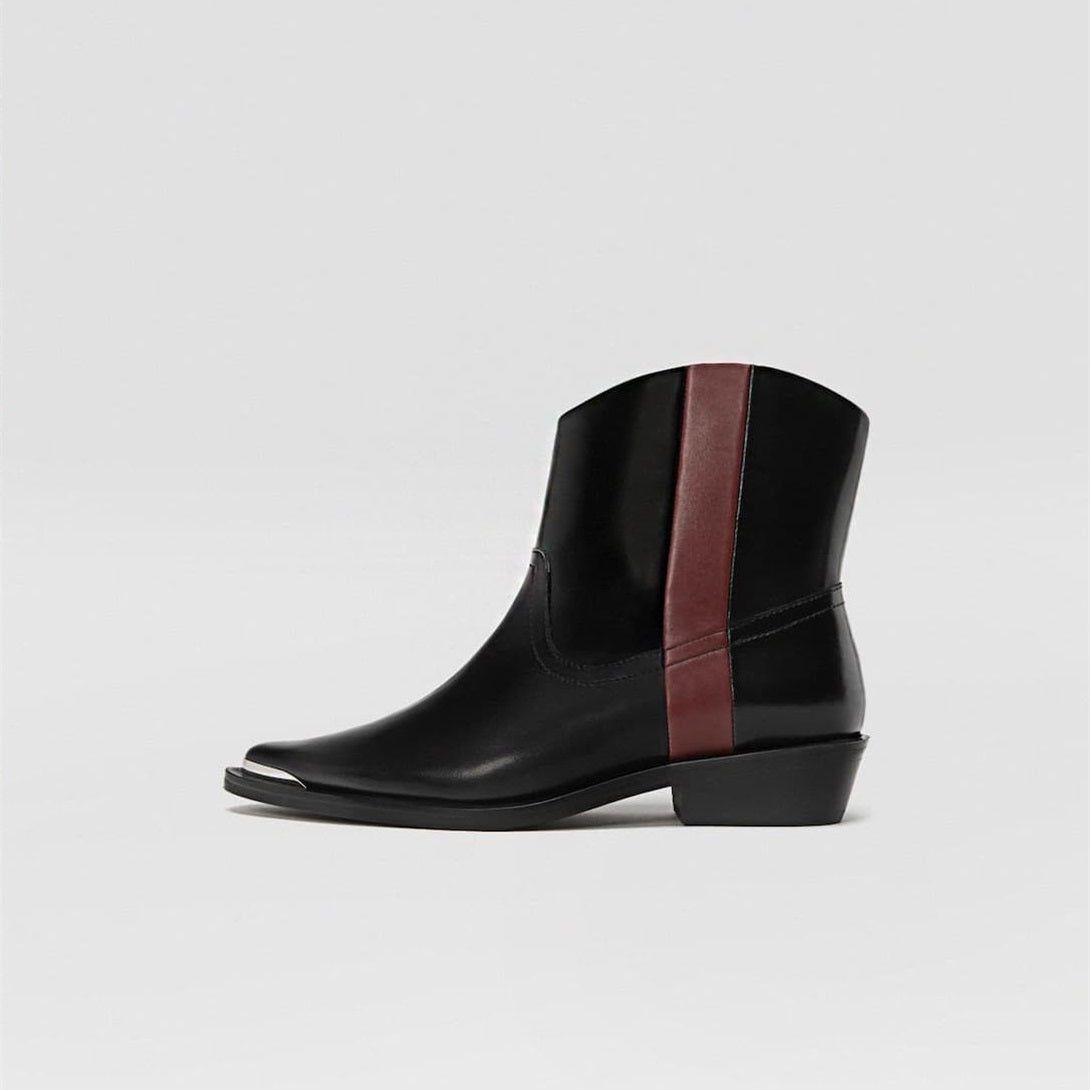 Black Flat Ankle Boots with Burgundy Stripe