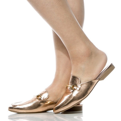 Gold Metallic Closed Toe Flat Mule Loafers for Women