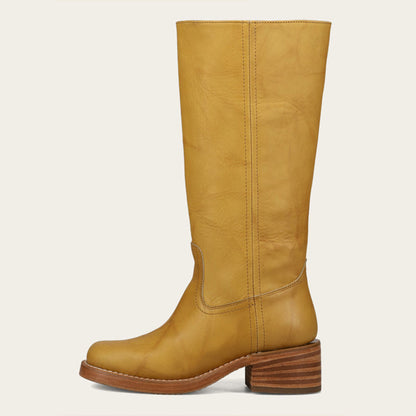 Yellow Pull-On Square Toe Block Heel Mid Calf Boots for Women