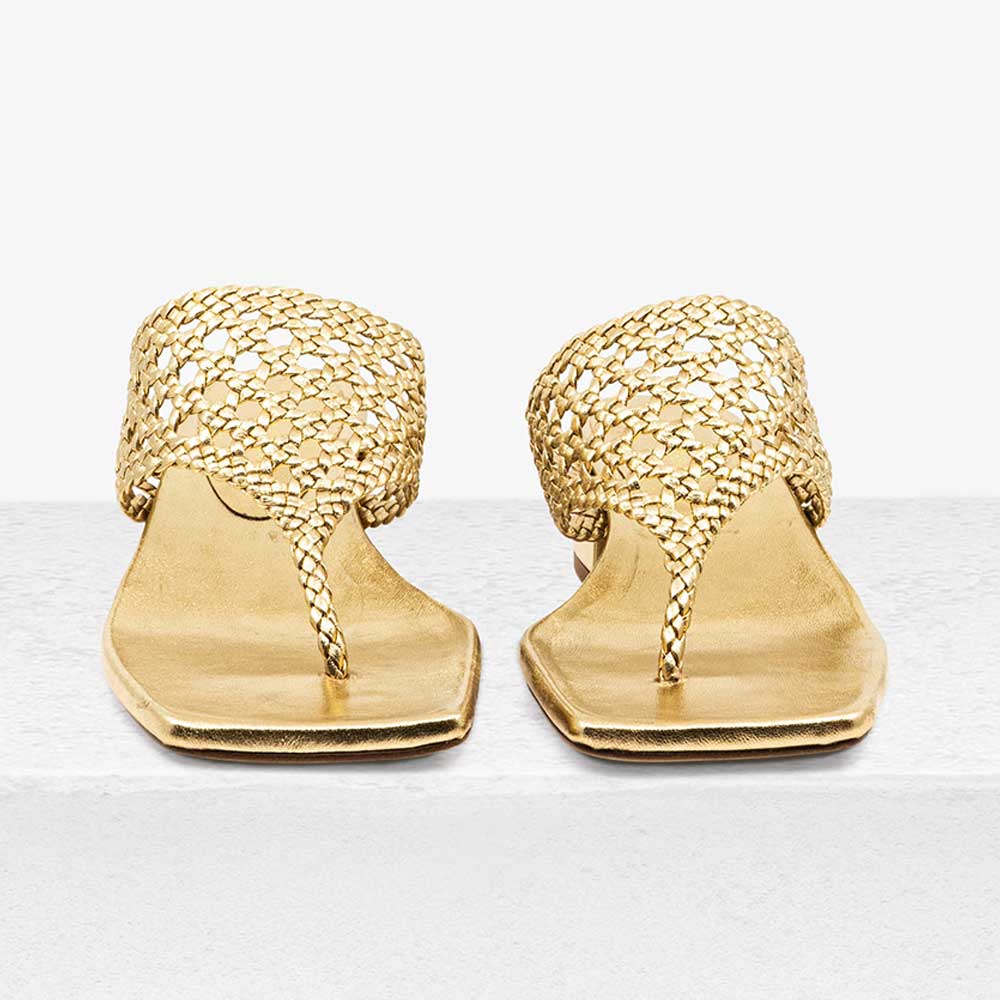 Women's Gold Metallic Finish Cut-Out Inlay Band Mules with Chunky Heel