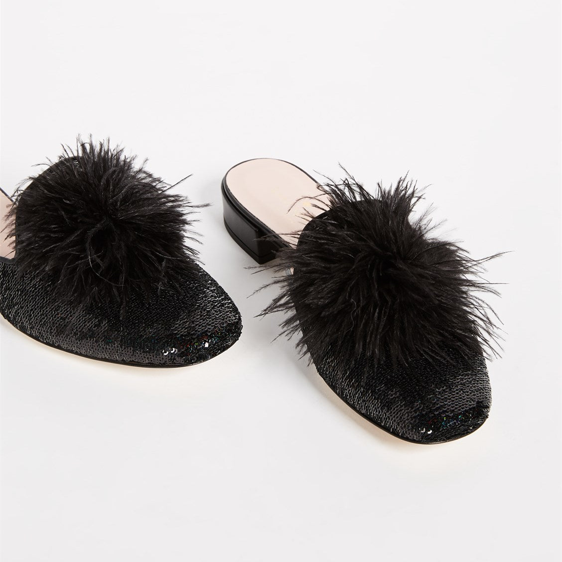 Black Sequin Flats Women's Faux Feather Mule Loafers