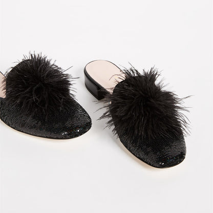 Black Sequin Flats Women's Faux Feather Mule Loafers