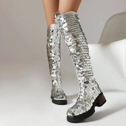 Silver Sequin Round Toe Lace-Up Chunky Heel Zipper Knee High Boots