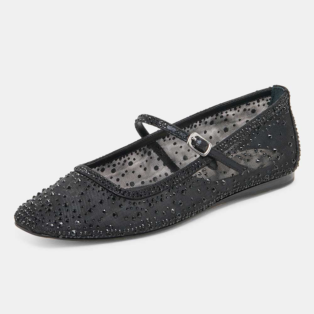 Black All-Over Rhinestone Square Toe Buckle Strap Mesh Flats