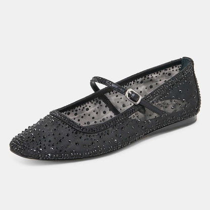 Black All-Over Rhinestone Square Toe Buckle Strap Mesh Flats