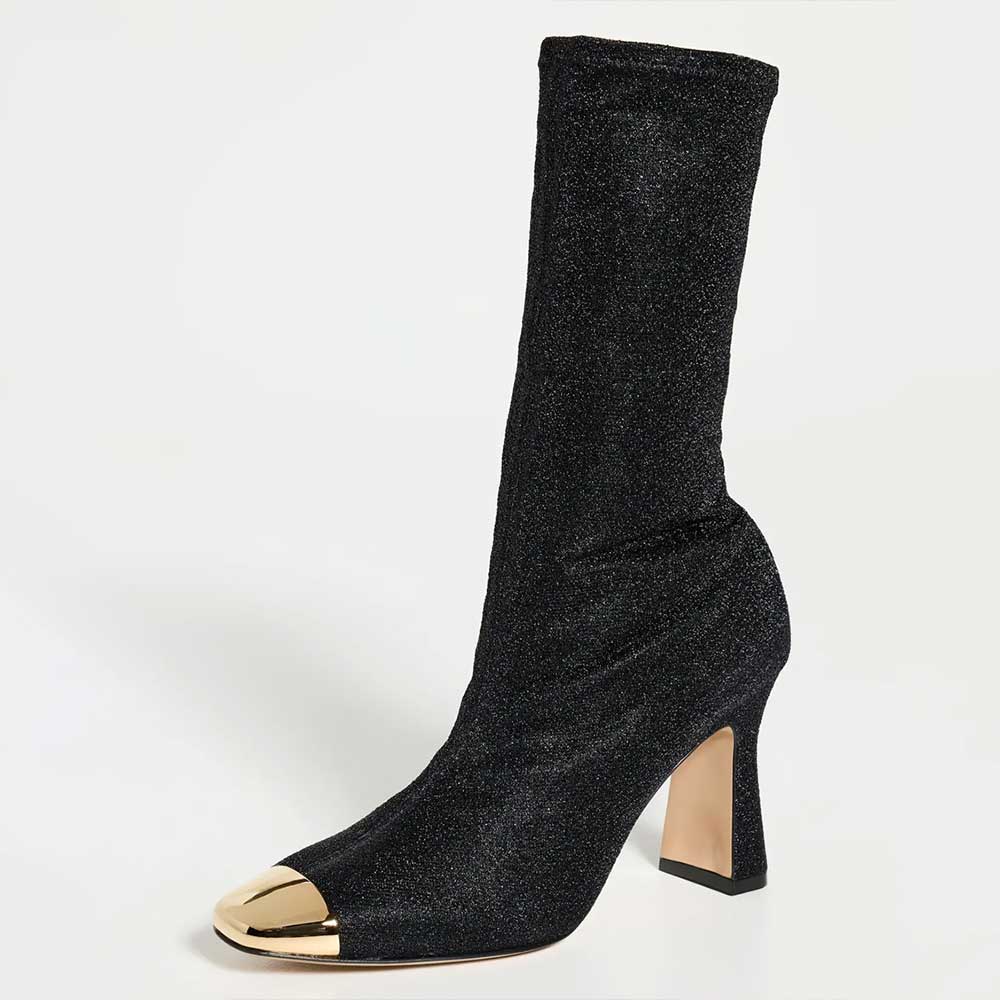 Black Metallic Knit Chunky Heel Mid Calf Boots with Gold-Tone Toe Cap