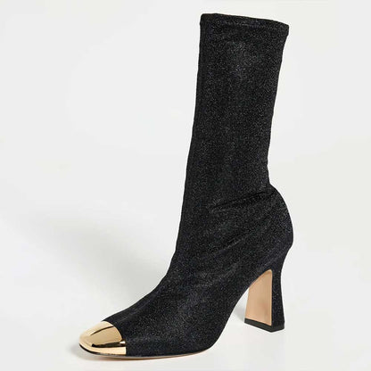 Black Metallic Knit Chunky Heel Mid Calf Boots with Gold-Tone Toe Cap
