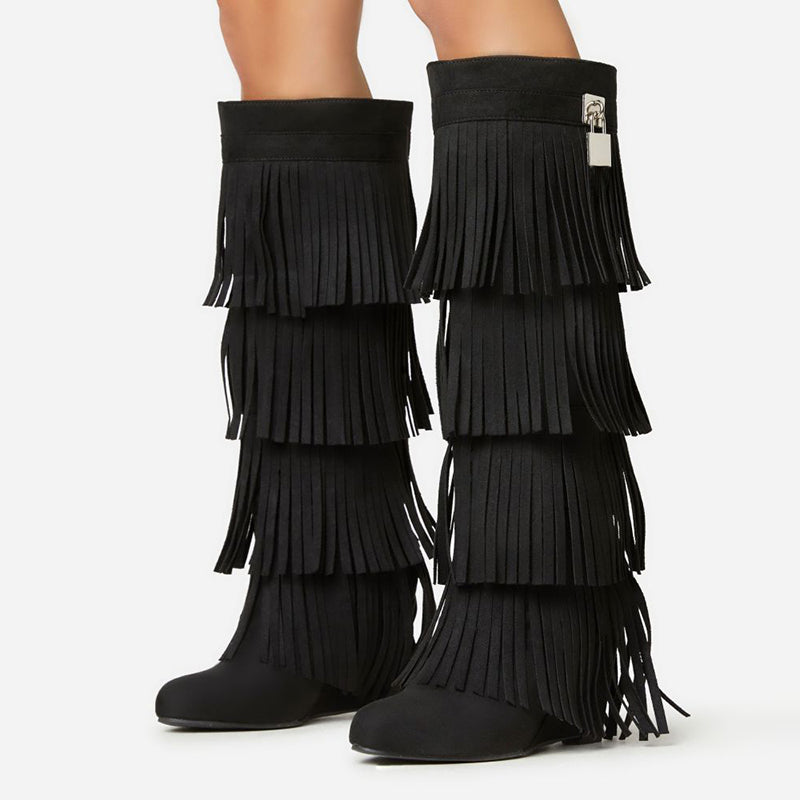 Black Vegan Suede Fringe Wedge Knee High Boots with Lock Decor