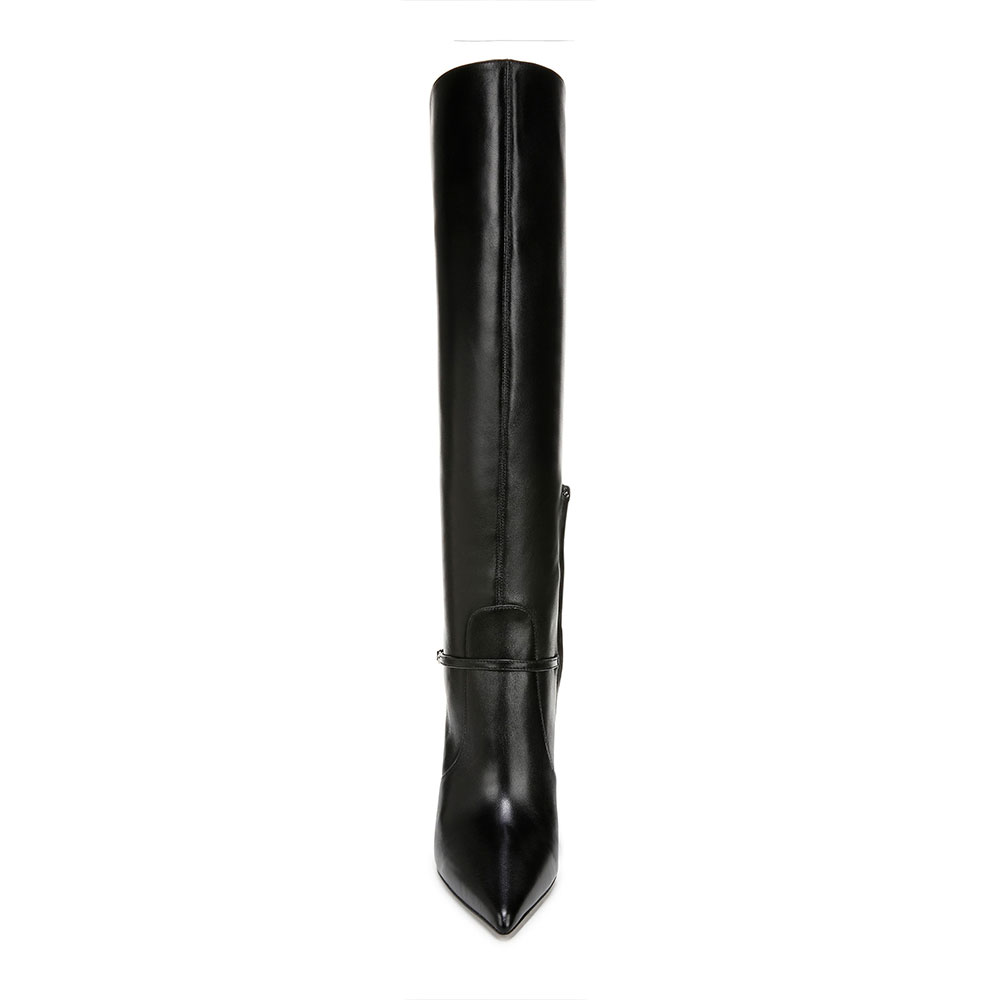 Black Pointy Toe Buckle Strap Detail Knee High Boots with Side Zipper